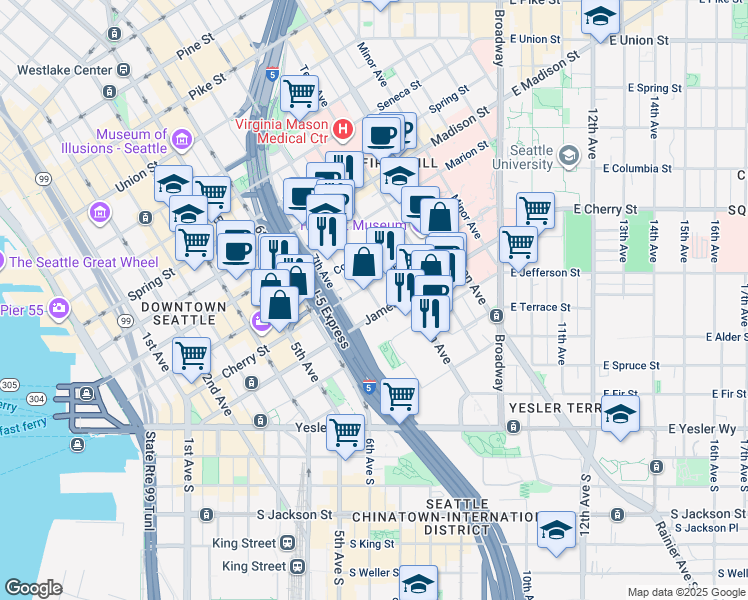 map of restaurants, bars, coffee shops, grocery stores, and more near in Seattle