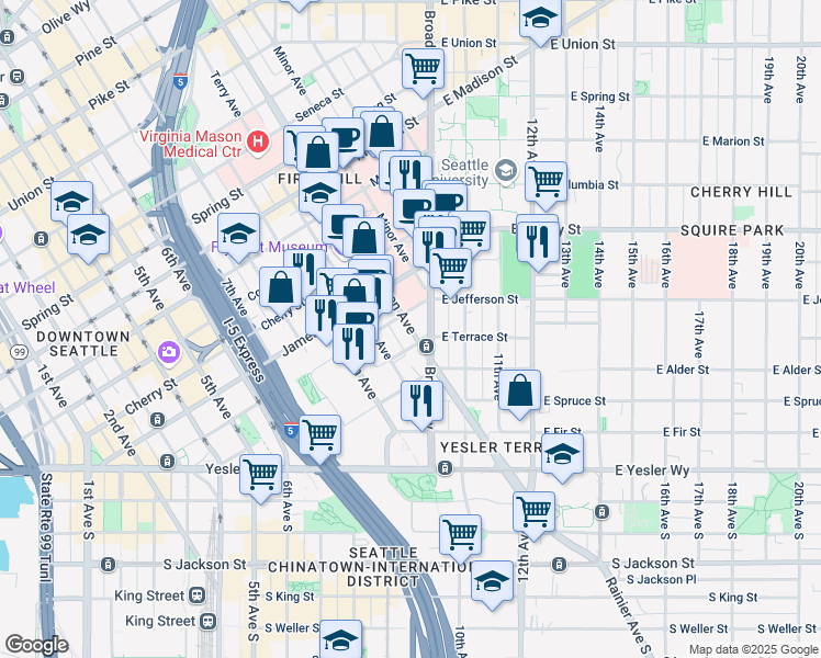 map of restaurants, bars, coffee shops, grocery stores, and more near 415 Boren Avenue in Seattle