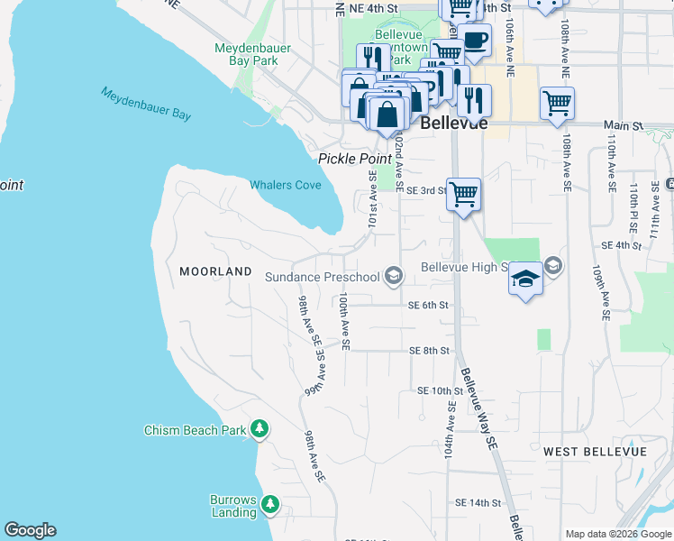 map of restaurants, bars, coffee shops, grocery stores, and more near 9925 Southeast 5th Street in Bellevue