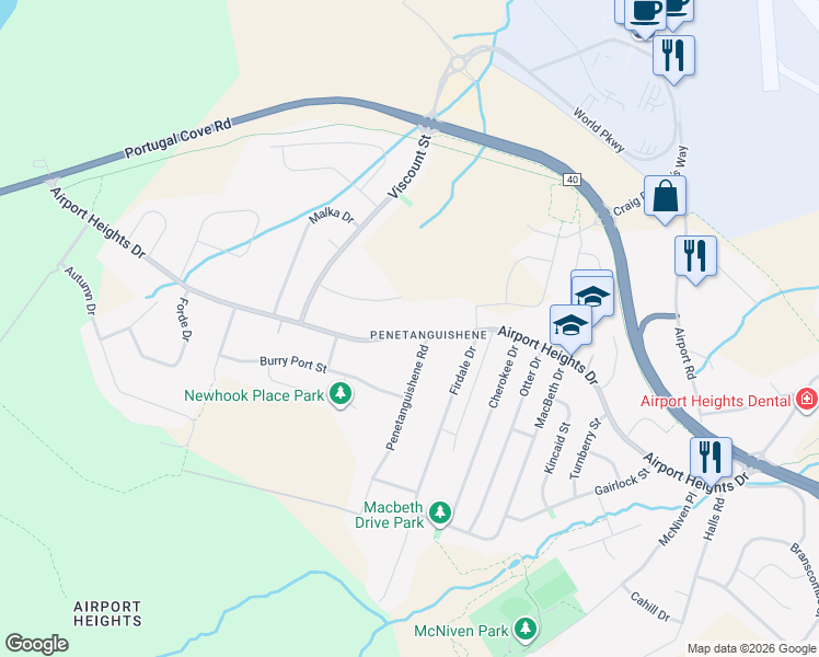 map of restaurants, bars, coffee shops, grocery stores, and more near 218 Airport Heights Drive in St. John's
