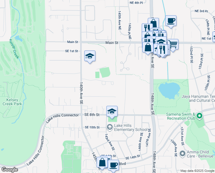 map of restaurants, bars, coffee shops, grocery stores, and more near 14245 Southeast 4th Street in Bellevue