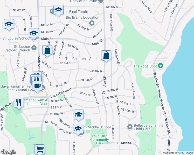 map of restaurants, bars, coffee shops, grocery stores, and more near 16151 Southeast 5th Street in Bellevue