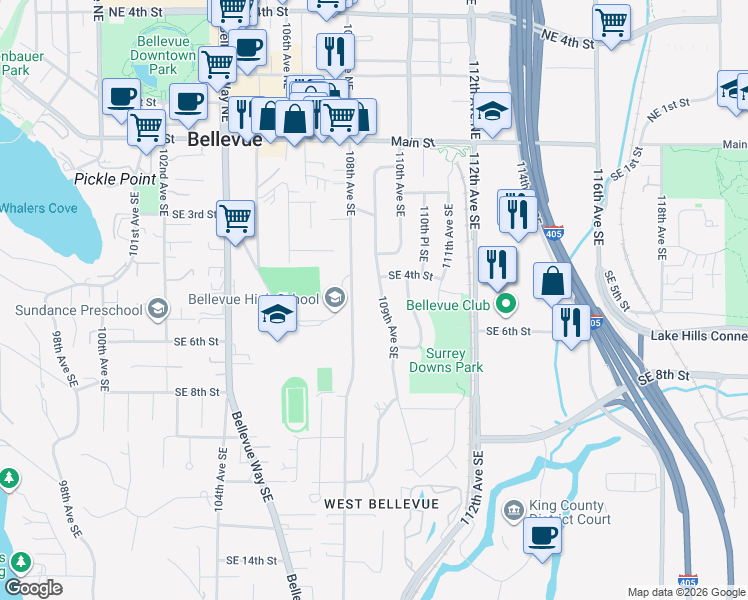 map of restaurants, bars, coffee shops, grocery stores, and more near 420 109th Avenue Southeast in Bellevue