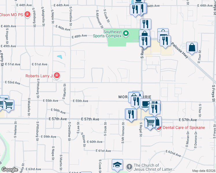 map of restaurants, bars, coffee shops, grocery stores, and more near 2504 East 53rd Avenue in Spokane
