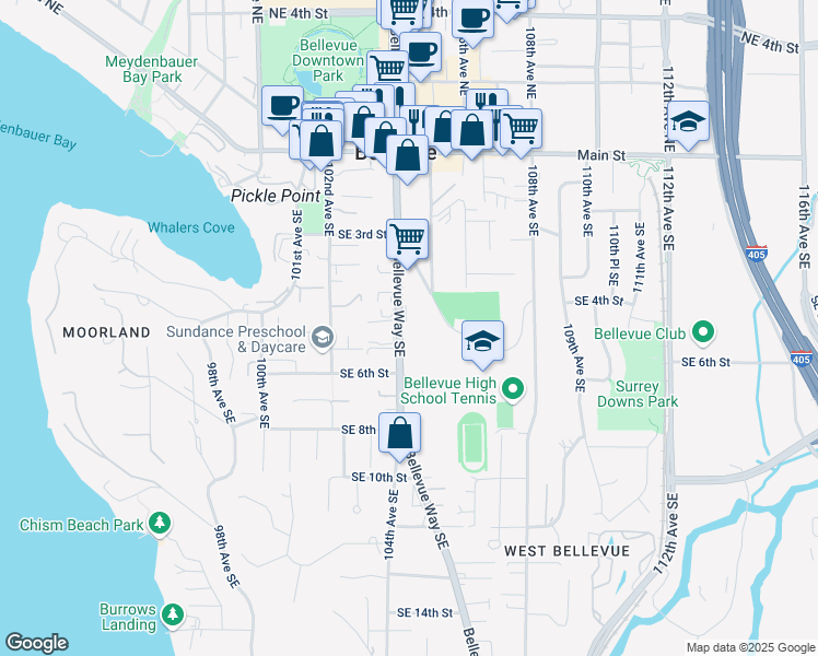map of restaurants, bars, coffee shops, grocery stores, and more near 530 Bellevue Way Southeast in Bellevue
