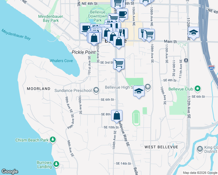 map of restaurants, bars, coffee shops, grocery stores, and more near 527 Bellevue Way Southeast in Bellevue