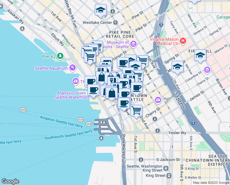map of restaurants, bars, coffee shops, grocery stores, and more near 1103 1st Avenue in Seattle