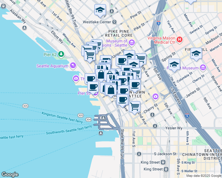 map of restaurants, bars, coffee shops, grocery stores, and more near 1103 1st Avenue in Seattle