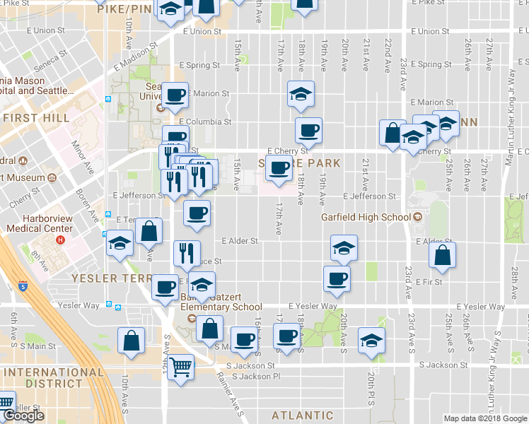 map of restaurants, bars, coffee shops, grocery stores, and more near 338 16th Avenue in Seattle