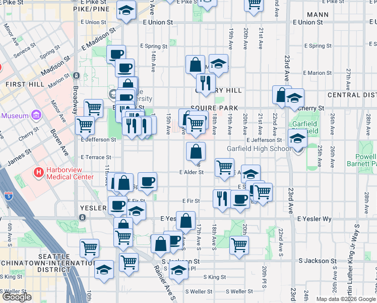 map of restaurants, bars, coffee shops, grocery stores, and more near 338 16th Avenue in Seattle
