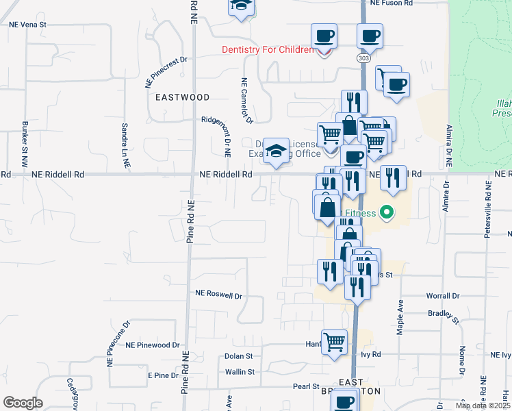 map of restaurants, bars, coffee shops, grocery stores, and more near 4786 Parkhurst Drive Northeast in Bremerton