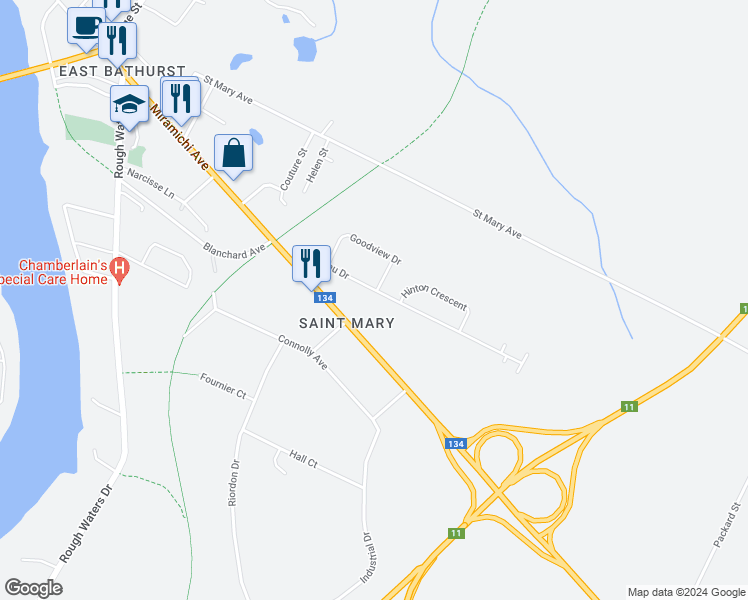 map of restaurants, bars, coffee shops, grocery stores, and more near 1890 Brideau Drive in Bathurst