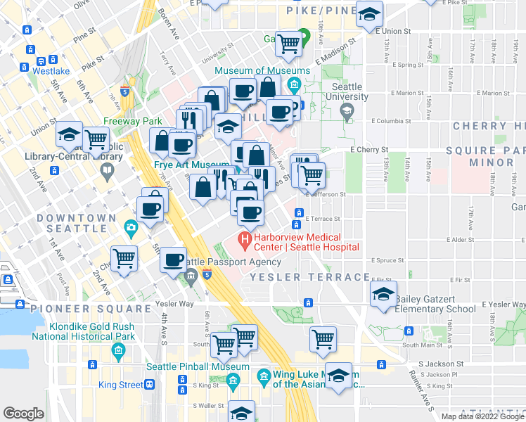 map of restaurants, bars, coffee shops, grocery stores, and more near 504 Terry Avenue in Seattle