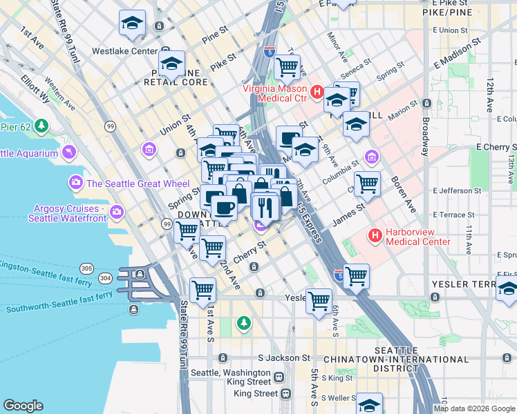 map of restaurants, bars, coffee shops, grocery stores, and more near 811 5th Avenue in Seattle