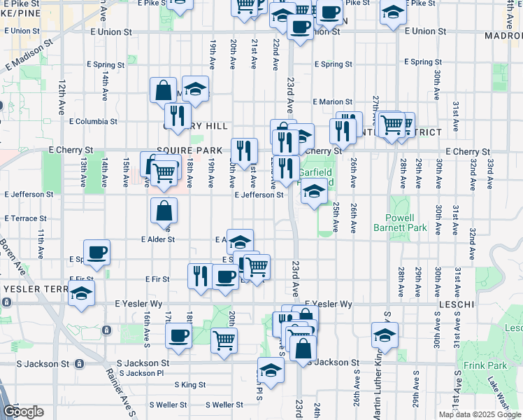 map of restaurants, bars, coffee shops, grocery stores, and more near 410 21st Avenue in Seattle