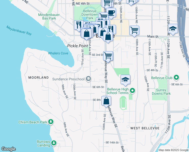 map of restaurants, bars, coffee shops, grocery stores, and more near 424 102nd Avenue Southeast in Bellevue