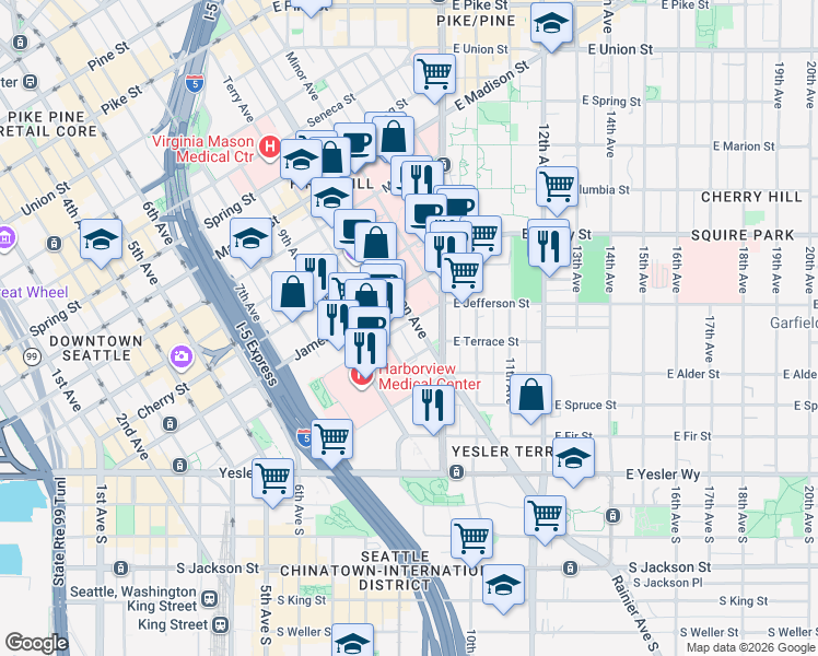 map of restaurants, bars, coffee shops, grocery stores, and more near 230 Jefferson Street in Seattle