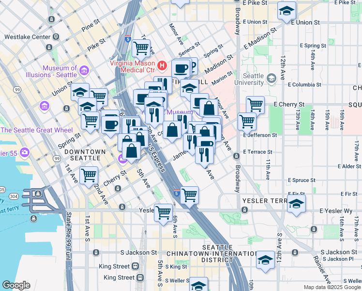 map of restaurants, bars, coffee shops, grocery stores, and more near in Seattle