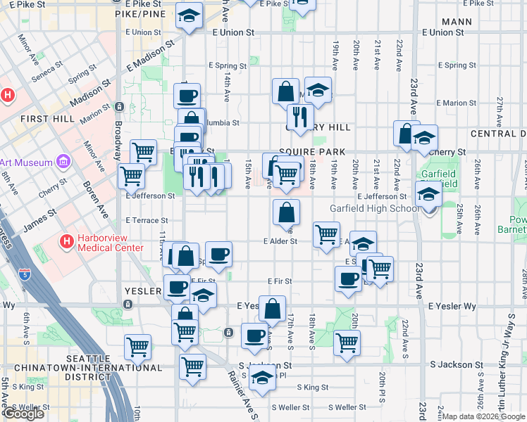 map of restaurants, bars, coffee shops, grocery stores, and more near 345 16th Avenue in Seattle