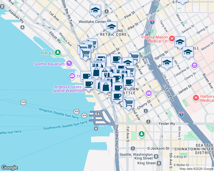map of restaurants, bars, coffee shops, grocery stores, and more near 1107 1st Avenue in Seattle