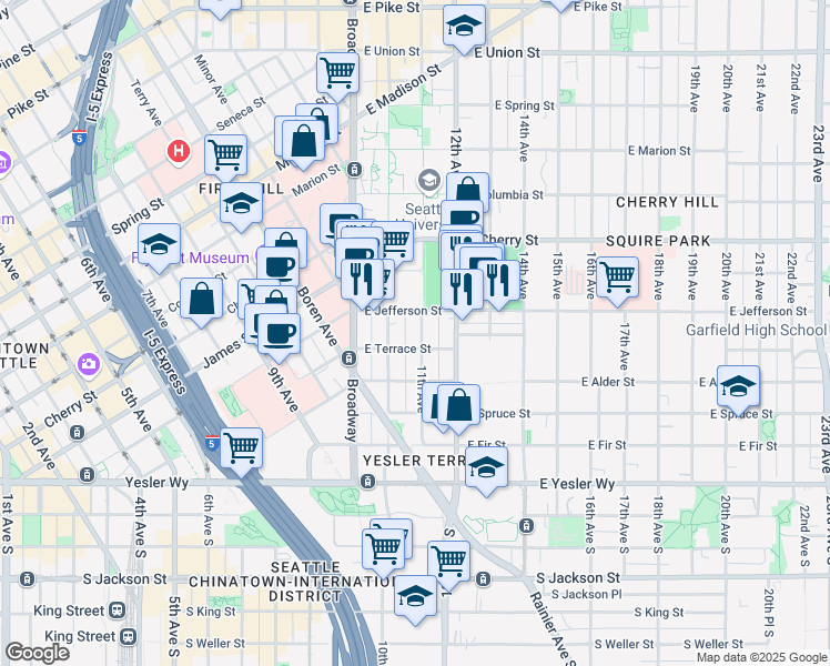 map of restaurants, bars, coffee shops, grocery stores, and more near 400 10th Avenue in Seattle