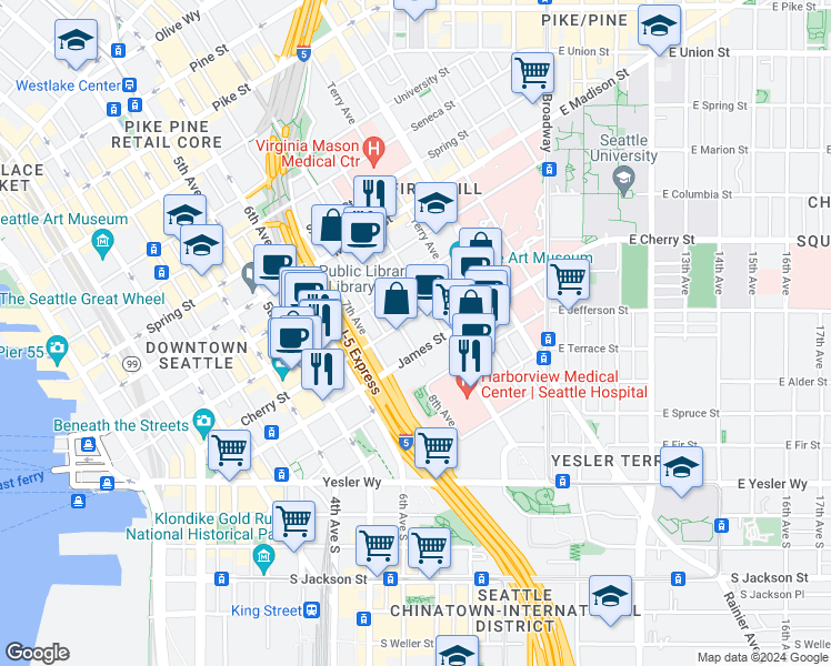 map of restaurants, bars, coffee shops, grocery stores, and more near in Seattle