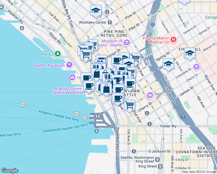 map of restaurants, bars, coffee shops, grocery stores, and more near 1115 1st Avenue in Seattle