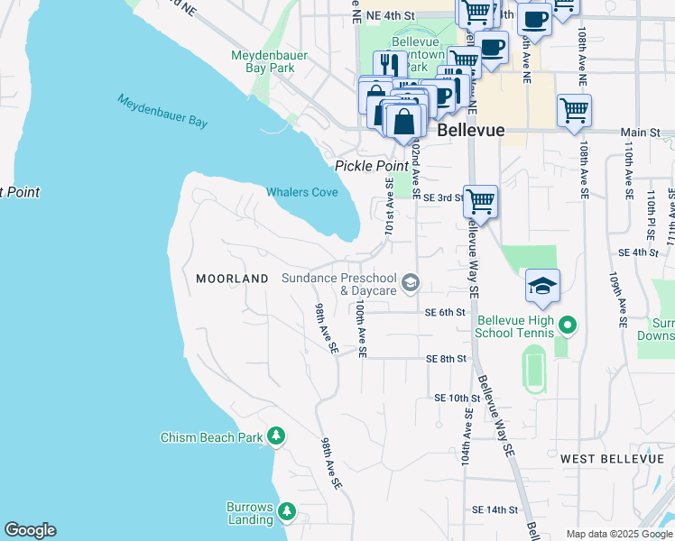 map of restaurants, bars, coffee shops, grocery stores, and more near 9901 Shoreland Drive Southeast in Bellevue