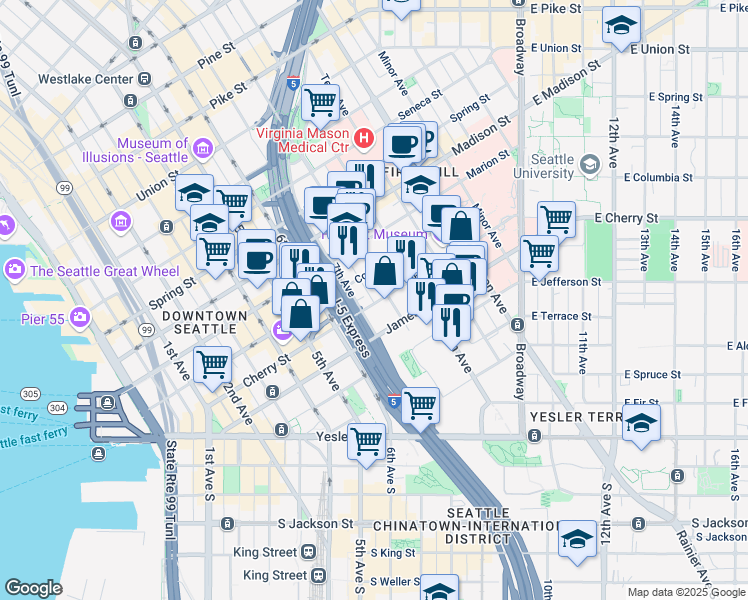 map of restaurants, bars, coffee shops, grocery stores, and more near in Seattle
