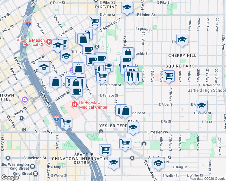 map of restaurants, bars, coffee shops, grocery stores, and more near 400 10th Avenue in Seattle