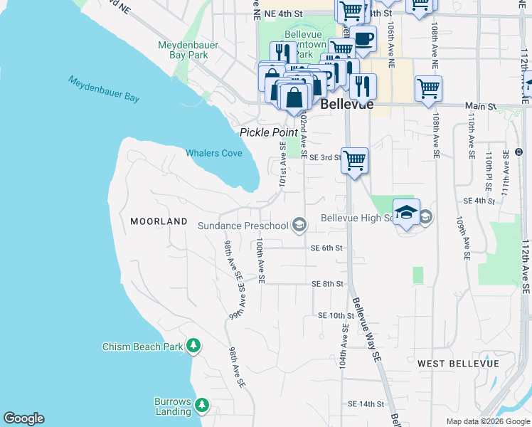 map of restaurants, bars, coffee shops, grocery stores, and more near 520 100th Avenue Southeast in Bellevue