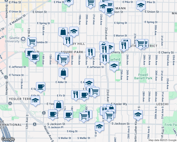 map of restaurants, bars, coffee shops, grocery stores, and more near 411 21st Avenue in Seattle