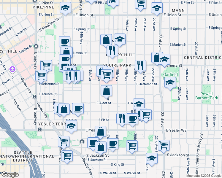 map of restaurants, bars, coffee shops, grocery stores, and more near 340 17th Avenue in Seattle