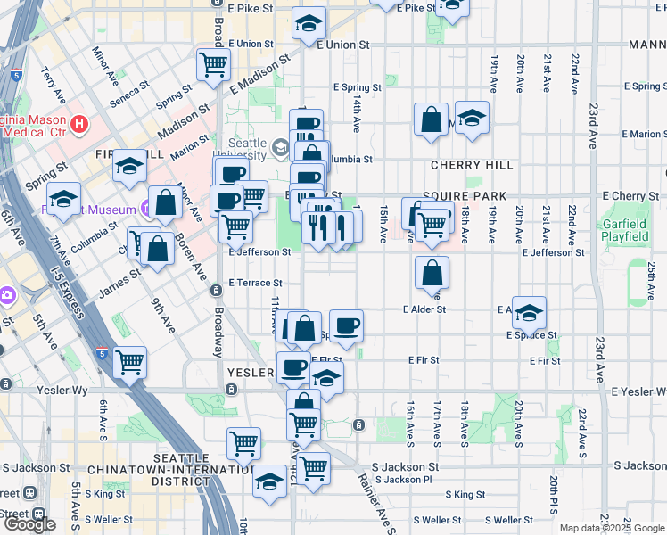 map of restaurants, bars, coffee shops, grocery stores, and more near in Seattle