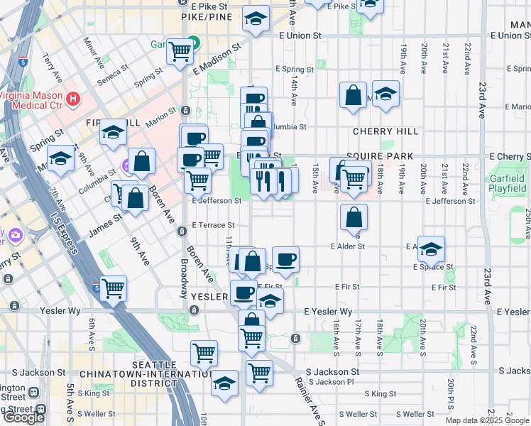map of restaurants, bars, coffee shops, grocery stores, and more near in Seattle