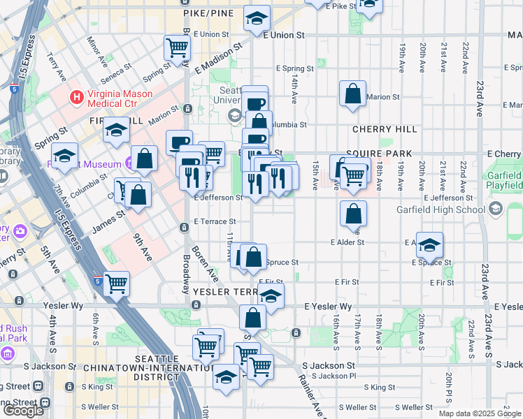 map of restaurants, bars, coffee shops, grocery stores, and more near in Seattle