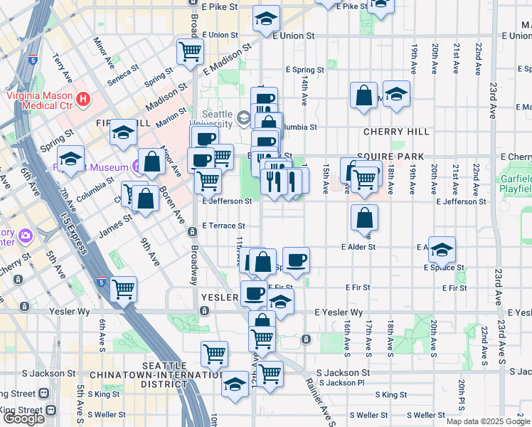 map of restaurants, bars, coffee shops, grocery stores, and more near in Seattle