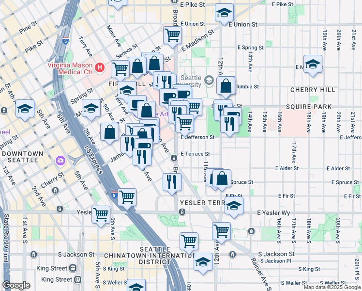 map of restaurants, bars, coffee shops, grocery stores, and more near 400 Broadway in Seattle