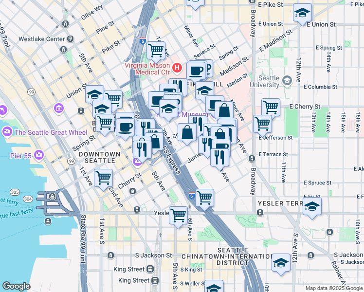 map of restaurants, bars, coffee shops, grocery stores, and more near in Seattle