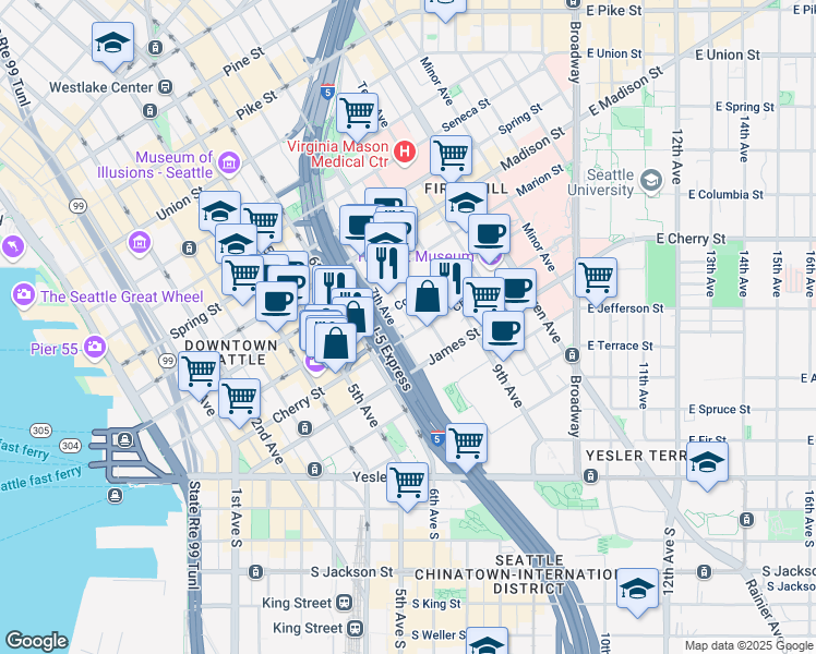 map of restaurants, bars, coffee shops, grocery stores, and more near 700 Cherry Street in Seattle