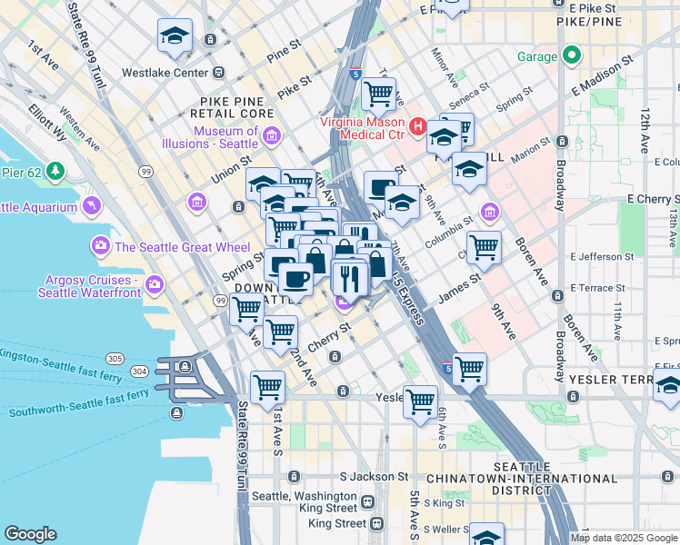 map of restaurants, bars, coffee shops, grocery stores, and more near in Seattle