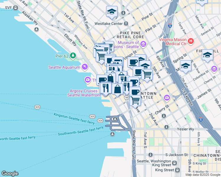 map of restaurants, bars, coffee shops, grocery stores, and more near 1124 Western Avenue in Seattle