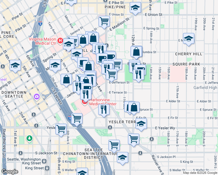 map of restaurants, bars, coffee shops, grocery stores, and more near 412 Broadway in Seattle