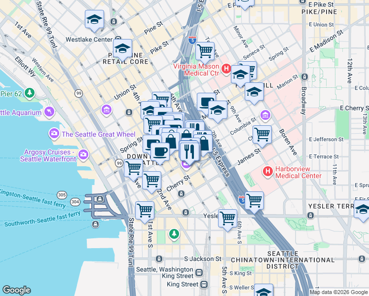 map of restaurants, bars, coffee shops, grocery stores, and more near 811 5th Avenue in Seattle