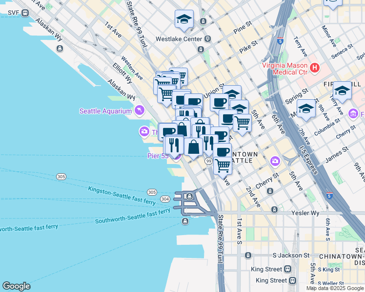 map of restaurants, bars, coffee shops, grocery stores, and more near 1124 Western Avenue in Seattle