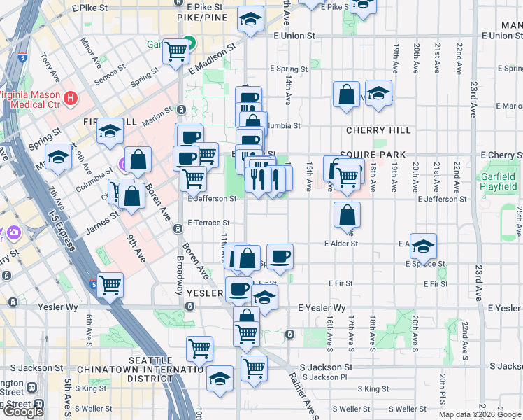 map of restaurants, bars, coffee shops, grocery stores, and more near 1220 East Remington Court in Seattle