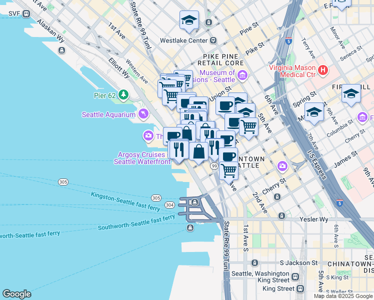 map of restaurants, bars, coffee shops, grocery stores, and more near 1201 Western Avenue in Seattle