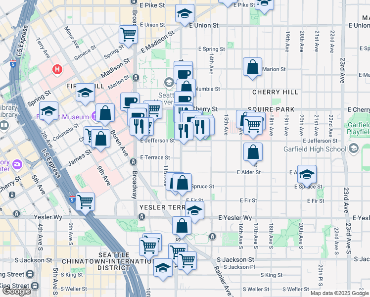 map of restaurants, bars, coffee shops, grocery stores, and more near in Seattle