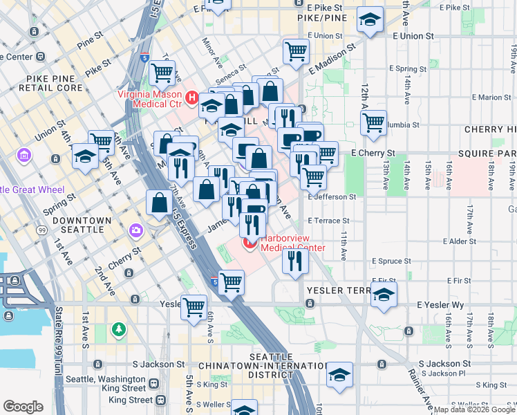 map of restaurants, bars, coffee shops, grocery stores, and more near Terry Avenue in Seattle