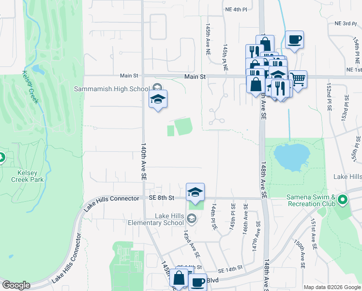 map of restaurants, bars, coffee shops, grocery stores, and more near 14205 Southeast 4th Street in Bellevue